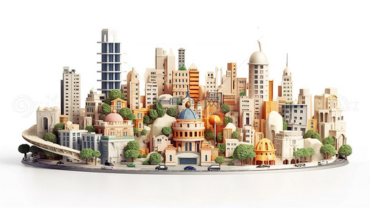 白色背景上的微型城市景观艺术 3D 混合媒体渲染