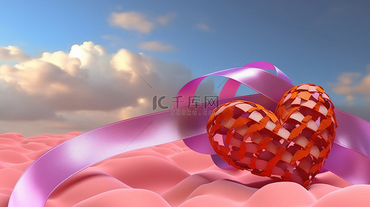 情人节爱心玫瑰背景背景图片_3D 渲染中的心形云和丝带