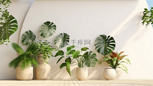 阁楼风格墙壁装饰的 3D 渲染，配有盆栽龟背竹树和充足的复制空间