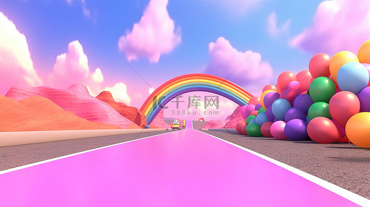 可爱魔法背景图片_异想天开的彩虹路与卡通魔法和漂浮气球 3D 渲染图像