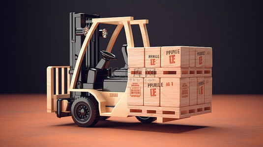 装载新泽西州制造的出口木箱的叉车的 3D 渲染