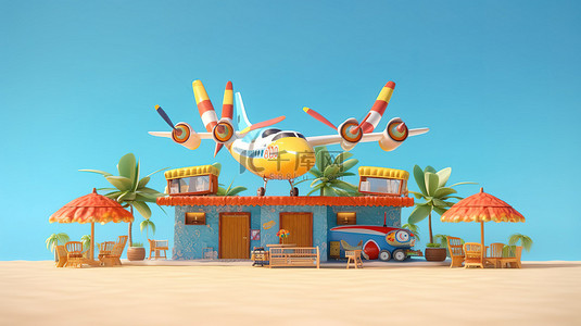 3D 渲染的卡通飞机装饰着海滩酒吧横幅