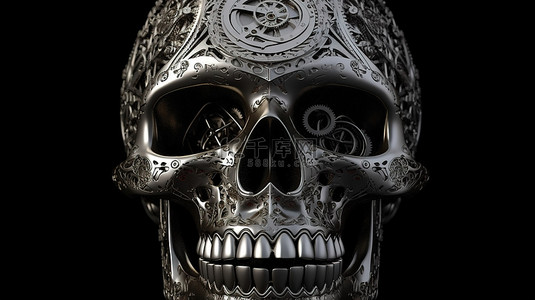 陵园墓地背景图片_3D 渲染的铁头骨，具有金属化表面