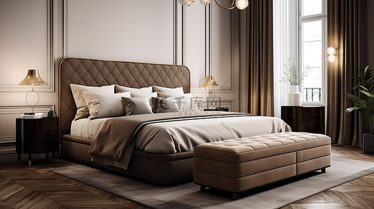 现代棕色床和蓝色坐垫以 3D 渲染方式装饰优雅的米色豪华卧室