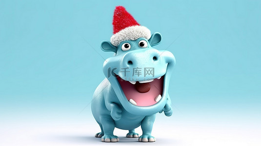哈哈大笑卡通人物背景图片_戴着圣诞帽的搞笑 3D 河马大笑起来
