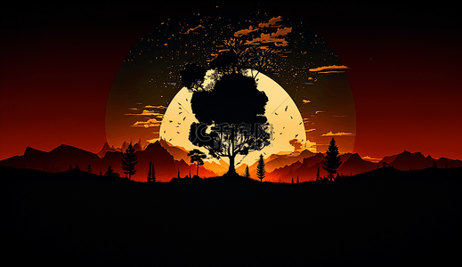 森林山脉树月亮自然风景卡通背景装饰插图游戏背景