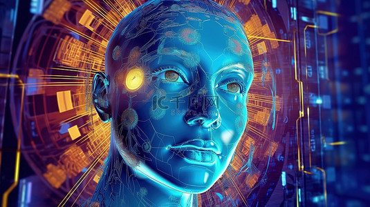人脸勾勒背景图片_加拿大元的未来派 3D 渲染，具有机器人脸和全息技术