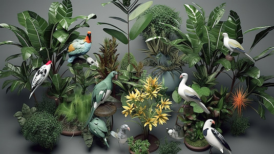 3D 插图的室内植物鸟瞰图集合