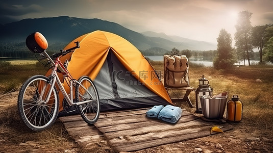 探索伟大的户外活动 山地冒险的 3D 插图，包括帐篷自行车皮划艇背包和折叠椅