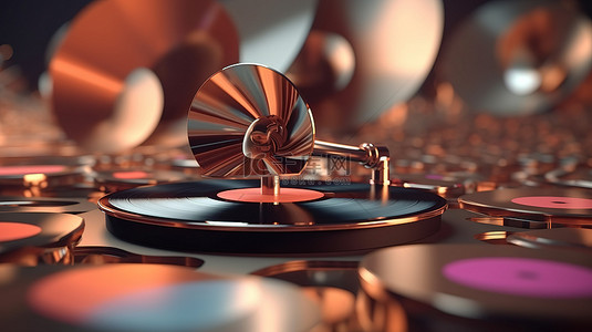 音乐唱片机背景图片_受几何启发的乙烯基留声机音乐的 3D 插图