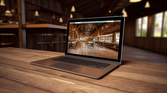 在家的背景图片_带笔记本电脑的木制桌面上响应式网站屏幕的 3D 渲染