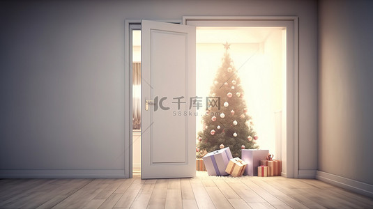 门地板背景图片_圣诞魔法一扇半开的门，里面有礼物和 3D 渲染的圣诞树