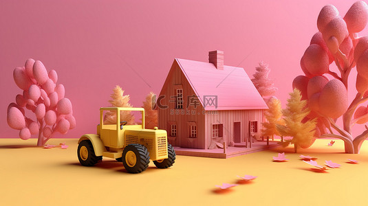 农村娃挑水的背景图片_孤立的粉红色背景，带有木屋树木和绿色拖拉机的 3D 模型，在农村地区鸟瞰图，黄叶