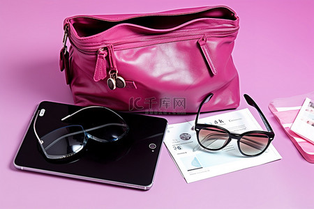 粉色日历背景图片_两个设备放在一个带眼镜的袋子旁边