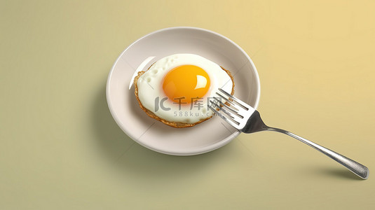 香椿煎蛋背景图片_带餐具和复制空间的浮动煎蛋的 3D 插图