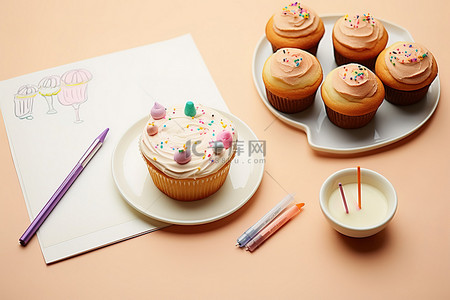彩色铅笔背景图片_生日蛋糕 带有糖霜和彩色铅笔的蛋糕