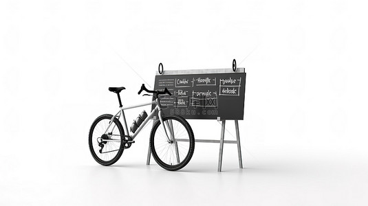 街海报背景图片_白色背景上黑白山地自行车的 3D 渲染，带有户外黑板自行车租赁显示屏