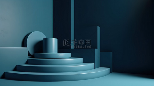 蓝色调的房间背景，带有 3d 渲染的讲台，用于产品展示 用于展示您的产品的模型