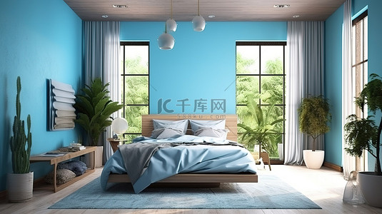 书房效果图背景图片_3D 效果图展示了一间设计精美的卧室，配有宁静的蓝色墙壁