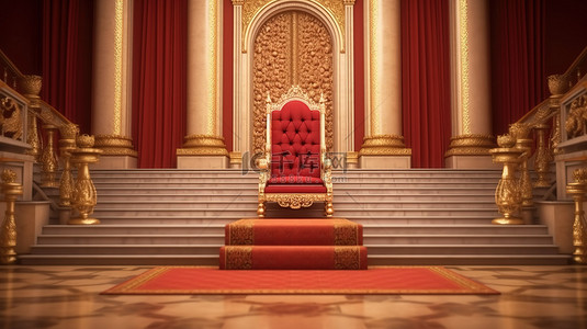 红色皇家宝座，背景有楼梯 3D 渲染图像