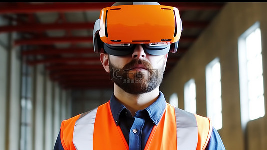 戴着橙色帽子的土木工程师沉浸在 3D 虚拟现实体验中