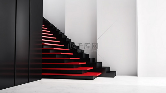 登上白墙上的黑色 3D 楼梯，走向家庭的红色成功，迈向业务增长的一步