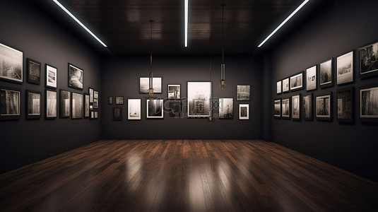 抽象画廊室，配有深色石膏墙木地板和 3D 插图中的空海报框架
