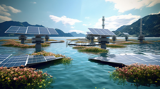 漂浮的太阳能发电站和海上风力涡轮机农场以雄伟的山脉 3d 渲染为背景