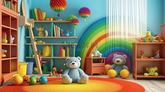 3d动物玩具背景图片_异想天开的儿童游戏室，配有毛绒玩具动物和彩虹 d cor 3d 渲染图像