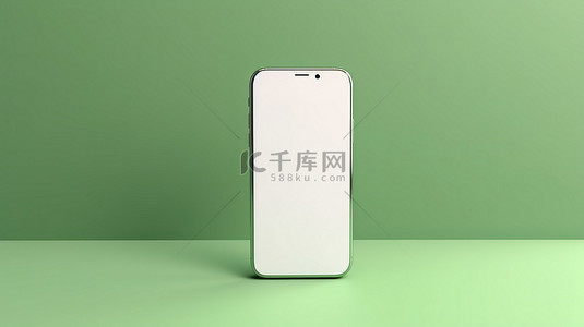 绿色背景在渲染图像中的 3D 手机模板上展示原始的白色屏幕