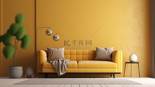室内场景样机中黄色沙发和装饰的简约 3D 渲染