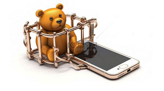 程序小背景图片_现代手机位于白色背景上，旁边是 3D 渲染的金属熊陷阱，用于定制设计