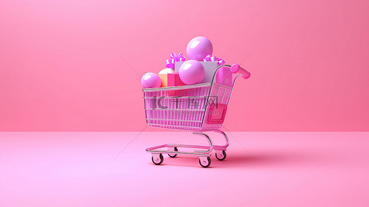 电子商务横幅背景图片_电子商务横幅背景粉色购物车袋和礼品展示 3D 渲染