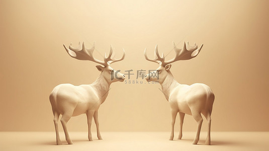 米色背景，两只驯鹿在 3D 渲染和充足的复制空间