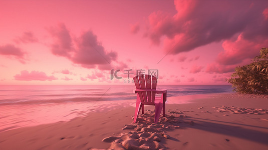 放松在粉红色的天空沙滩椅上 3D 渲染夏季热带背景