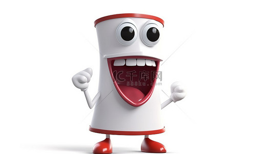 声音红色背景图片_白色现代洗衣机吉祥物的 3D 渲染，白色背景下拿着复古红色扩音器