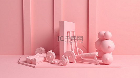 红色方形背景图片_3D 插图中粉红色方形讲台上展示的健身器材