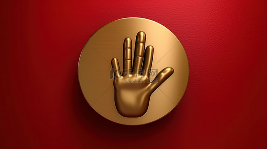 3D 渲染社交媒体图标中红色哑光金板上的标志性手金色符号