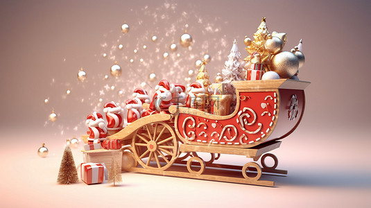 滑雪山卡通背景图片_3D 渲染的圣诞老人雪橇装载着装满礼物的圣诞树