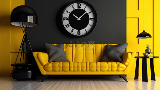 客厅的 3D 渲染，配有引人注目的黄色和黑色座椅和大型大胆的黄色挂钟