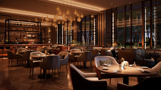 豪华现代酒吧餐厅的 3D 渲染，配有别致的家具和时尚的灯光