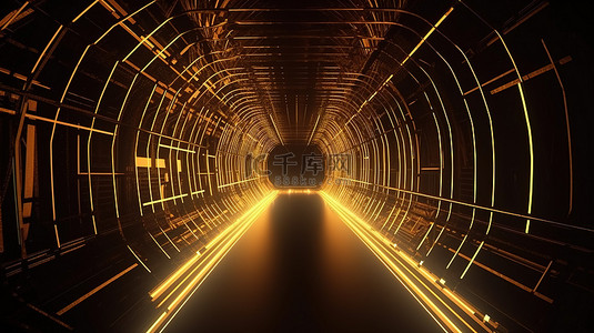 粒子光圈背景图片_3d 渲染中霓虹灯照亮的未来黄金隧道