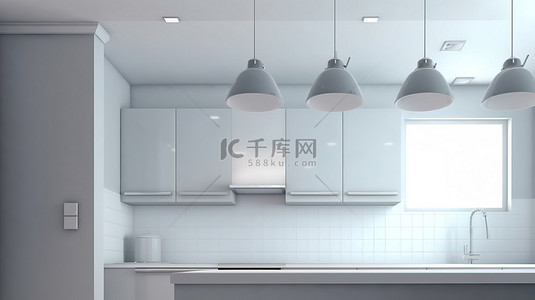 现代厨房背景快照的集成固定装置，带有 3D 渲染文本空间