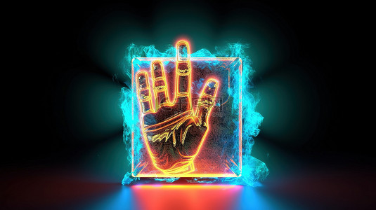摇滚旗帜背景图片_抽象霓虹灯盒 3D 渲染音乐概念中的发光摇滚手势