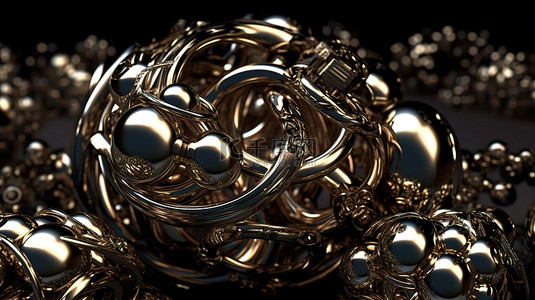 令人惊叹的 3D 渲染中的金属金属球和螺旋框架