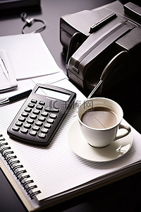 在办公室电话咖啡计算器一支笔和一本书