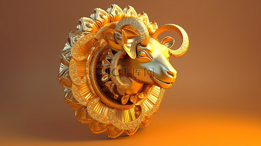 金星座背景图片_白羊座星座在发光的金色 3D 插图中，具有充足的复制空间
