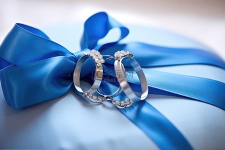 砖石戒指背景图片_蓝色婚礼丝带，枕头上有戒指