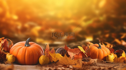 季节性背景图片_干叶上收获的南瓜作为秋季季节性横幅的 3D 插图，带有标题复制空间
