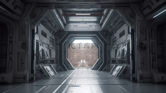 3D 现实科幻宇宙飞船的闭门机库